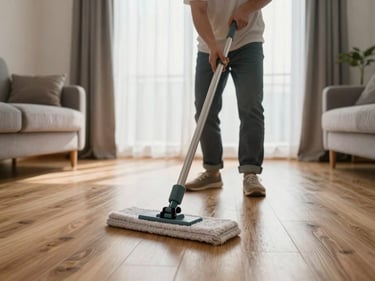Wide shot of a bright living room being cleaned, mop on hardwood floor, daylight through curtains, real home setting with everyday objects visible