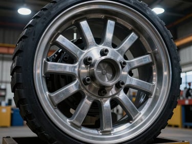 Close-up of heavy-duty steel truck wheel rim, clean industrial finish, dramatic warehouse lighting.