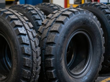 Close-up of high-load capacity trailer tires with reinforced sidewalls, sharp focus.