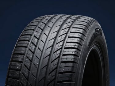 Close-up of modern passenger car tire tread, clean sipes and grooves, sharp studio lighting, dark navy background.