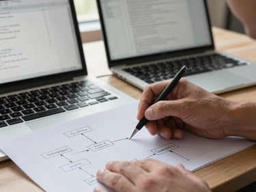 Close crop of a developer's hands sketching a data model on graph paper beside an open laptop with a database schema visible on screen, natural daylight from a side window, no artificial lighting