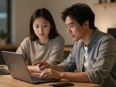 Tight frame on a mentor and student sitting side by side at a desk reviewing code on a laptop screen together, the mentor's finger pointing at a specific line, tungsten warmth of an evening session, no staged smiles