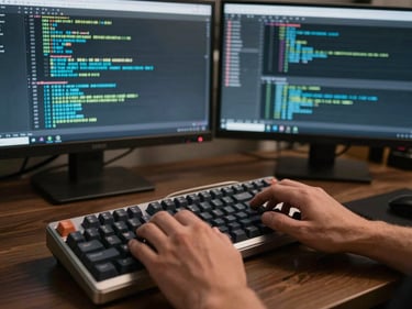 Tight frame on hands at a mechanical keyboard, multiple terminal windows open on dual monitors showing infrastructure deployment logs, tungsten evening light, no person visible above the wrists