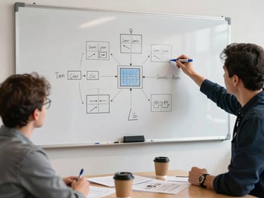 Wide-angle view of a whiteboard session in progress — two practitioners marking up a system architecture diagram with blue marker, coffee cups and printed design docs on the table below, north-facing daylight
