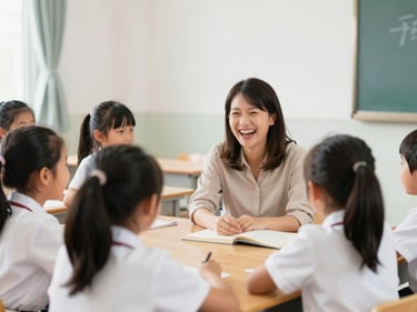 A teacher laughing with young students in a bright, clean classroom in Taipei, Taiwan, warm lighting.