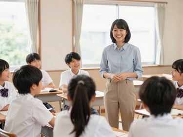 A teacher leading a fun activity in a Japanese classroom, students smiling, natural daylight streaming through a window.