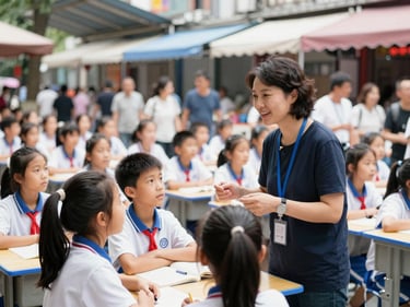 A bustling street market in Chengdu, China, with a teacher interacting with students in a bright classroom in the background, natural daylight.