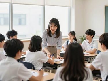 A modern classroom in Seoul, South Korea, with a teacher helping a small group of students, soft window light.