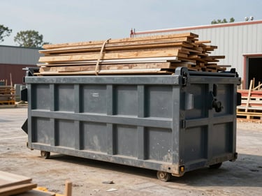 30-yard roll-off dumpster on a commercial construction lot in daylight, framing lumber and drywall scraps loaded in the container, wide environmental context showing scale