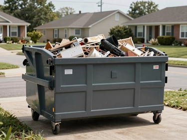 Wide shot of a 20-yard roll-off dumpster deployed on a residential driveway, partially filled with mixed construction debris, natural midday light, suburban street context visible