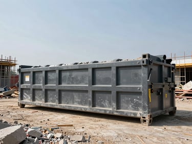 40-yard roll-off dumpster at an active construction site under open daylight, steel framing and concrete rubble being loaded, wide-angle shot showing full container length and job site scale
