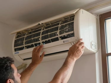 Close-up of a technician's hands removing the front panel of a wall-mounted air conditioning unit in a Moroccan apartment, natural daylight from a nearby window, dust on the filter visible, no faces, documentary framing