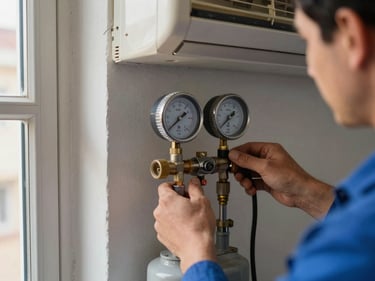 Close-up of a technician's hands connecting a refrigerant pressure gauge to the service port of a wall-mounted air conditioning unit, natural daylight from a nearby window, real Moroccan apartment wall visible, documentary framing