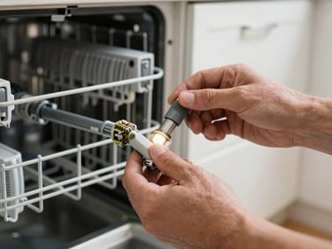 Close-up of a technician's hands removing the lower spray arm from an open dishwasher, work-light illuminating limescale deposits on the arm joints, real home kitchen background out of focus, tight documentary framing