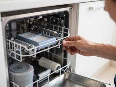 Close-up of a technician's hand inspecting the spray arm and filter basket inside an open dishwasher door in a real kitchen, natural window light from above, no faces, tight documentary frame on the mechanical parts