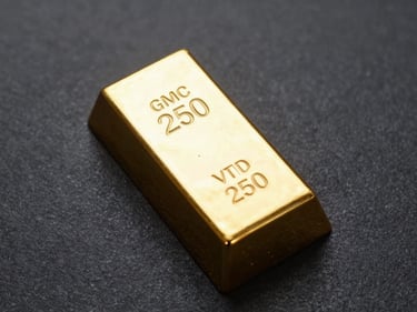 Overhead close-up of a 250 gram gold bar resting on dark charcoal surface under cool strobe light, surface texture and stamped weight marking sharply visible, neutral background