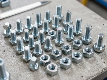 Close-up overhead of a steel bolt and nut assortment sorted by grade on a concrete surface, bright even warehouse fluorescent lighting, sharp detail on thread pitch and grade markings