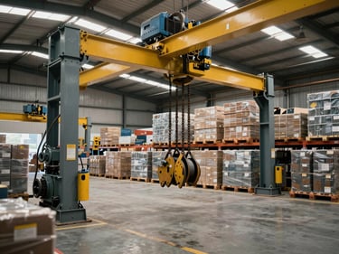 Wide shot of heavy industrial equipment — electric hoists and chain blocks staged in a dense warehouse bay, even fluorescent lighting, stacked on pallets showing scale and inventory depth