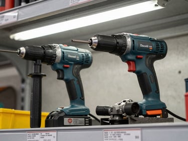 Close-up of power drill and angle grinder side by side on a warehouse shelf, bright fluorescent overhead lighting, product labels and spec plates clearly visible, neutral concrete background