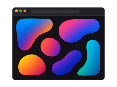 A desktop browser mockup displaying a dark interface with vibrant colorful abstract organic shapes.