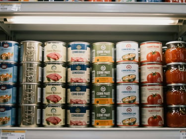 Close-up overhead shot of neatly stacked canned goods — sardines, corned beef, and tomato sauce tins arranged in rows on a warehouse shelf under bright fluorescent light, labels facing forward, packaging detail sharp