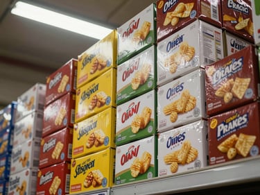 Overhead inventory shot of snack boxes and chip multipack cartons arranged in an organized grid on a warehouse shelf, bright utilitarian fluorescent light, packaging graphics facing upward, clear labels