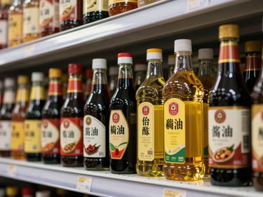 Close-up of condiment jars and bottles lined up on a warehouse shelf — soy sauce, vinegar, cooking oil, and fish sauce in bulk packaging under sharp fluorescent light, labels facing forward