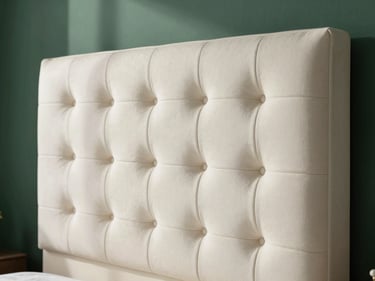 Close-up of a custom tufted headboard in textured ivory white fabric, clean lines, architectural shadow, 35mm