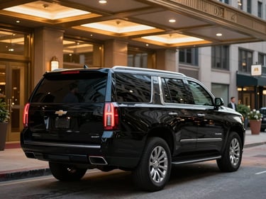 Cinematic three-quarter rear view of a glossy black Chevrolet Suburban on a Chicago high-rise hotel entrance at night, valet lane with amber overhead lighting, no passengers, chauffeur's back visible at the driver door