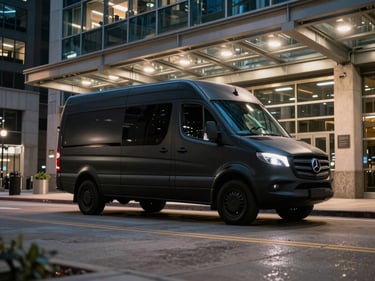 Wide cinematic frame of a matte-black Mercedes-Benz Sprinter parked under a glass-and-steel Chicago office tower entrance at night, streetlight raking along the vehicle's roofline, wet concrete foreground, no passengers