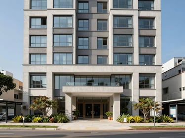 Entrance facade of a new residential building in São Paulo under clear daylight, clean concrete and glass facade, landscaped ground floor, bus stop visible on the adjacent street