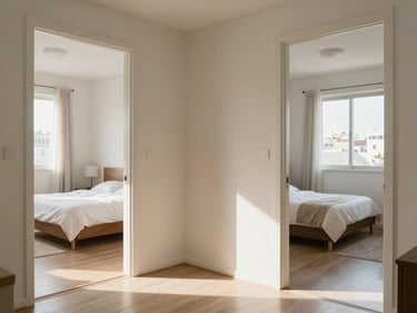 Bright São Paulo apartment living room with two bedrooms visible through doorways, afternoon light, tidy and modest, real residential feel
