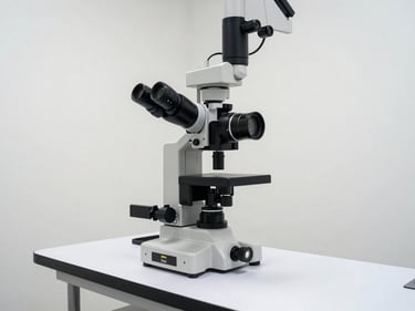 Clinical ophthalmology examination room interior, slit-lamp biomicroscope on a clean desk, diffuse overhead lighting, white walls, no people, precise and organized