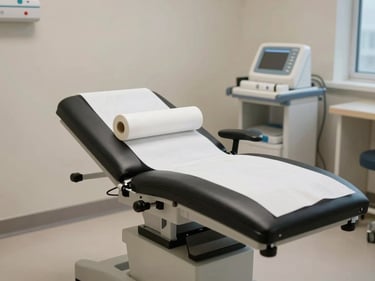 Pediatric clinic examination room, child-scale examination table with clean white paper roll, even diffuse lighting, soft neutral walls, medical equipment neatly arranged, no people