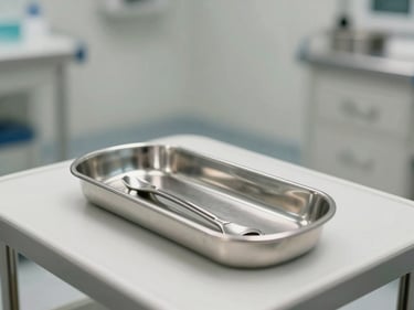 Clean surgical consultation room, stainless instrument tray on a side table, diffuse clinical lighting, white and neutral tones, no people, organized and precise
