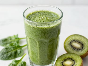 Close-up of a vibrant green smoothie in a beaded glass, fresh spinach leaves and kiwi slices on a bright white counter, shallow depth of field