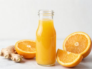Vibrant orange cold-pressed juice in a glass bottle, fresh orange slices and ginger roots nearby, bright morning light