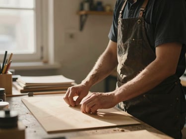 Close environmental frame of a small business owner standing at a production workbench, warm window light from the left catching the texture of the materials, shallow depth of field, hands mid-motion, cinematic warm tones