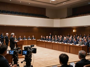 Wide environmental shot of a government institutional event, officials gathered at a podium in a grand hall, warm stage lighting from above, camera crew in the foreground slightly blurred, a sense of real presence and occasion