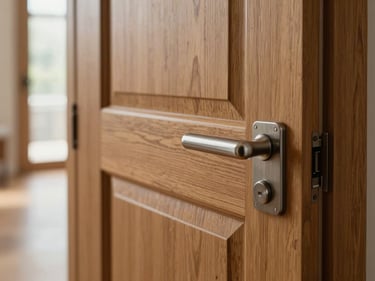 Close-up of a solid wood interior door in situ, flat-panel design with fine oak grain, brushed metal lever handle, diffused daylight from hallway beyond, door slightly ajar showing depth of frame, no people