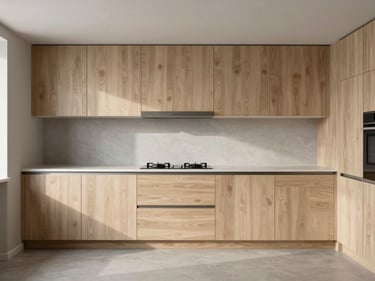 Wide shot of a fully installed modern kitchen, handleless flat-panel cabinets in light ash wood grain, integrated hood, soft diffused daylight, empty countertop showing proportion, no people