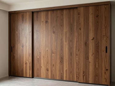 Environmental shot of a built-in wardrobe wall with flush sliding doors in walnut veneer, clean horizontal grain lines, soft north-light casting gentle shadows, no clutter, room empty except for the installation