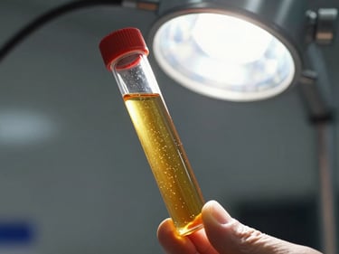Close-up of a lubrication oil sample vial held up to industrial overhead light, amber fluid visible with particulate matter suspended, lab-style industrial bench surface in background