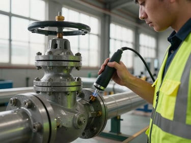 Technician pressing an ultrasonic probe against a large valve body on an industrial pipeline, yellow safety vest, warehouse daylight through high windows, focus on the probe contact point