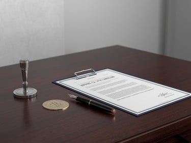 Documento legal firmado en portapapeles, con pluma y sello, sobre escritorio de madera.