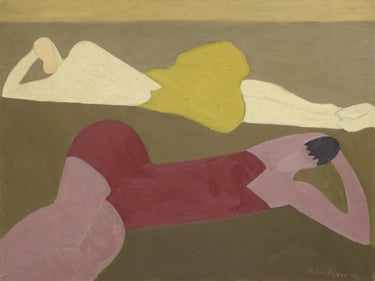 Milton Avery painting depicting two relaxed figures reclining on a beach, featuring simplified forms and soft, muted tones