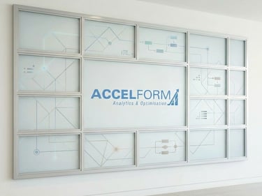 ACCELFORM data strategy and analytics wall display featuring governance and business intelligence