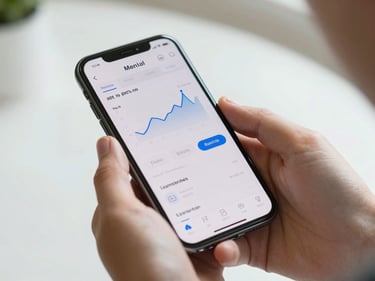 Close-up of young hands holding a smartphone displaying a clean, modern financial app interface with bright natural light