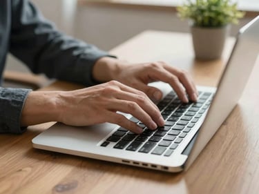 Hands typing on a laptop on a clean wooden desk with a green plant in the background, soft daylight
