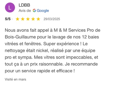 Avis google 5 étoiles clients m&m services pro nettoyage et vitres rouen 